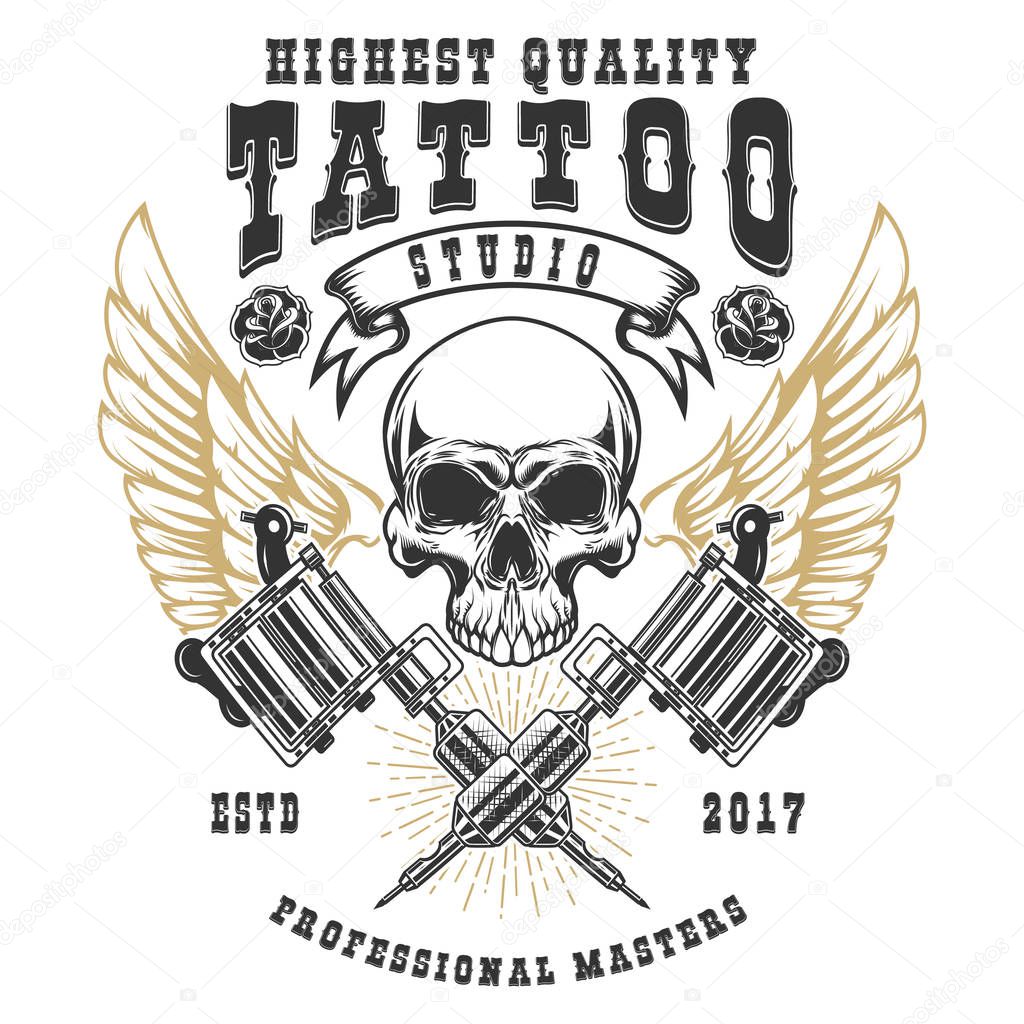 Tattoo studio poster template. Winged skull with crossed tattoo machines. Design element for logo, label, emblem, sign, poster. Vector illustration