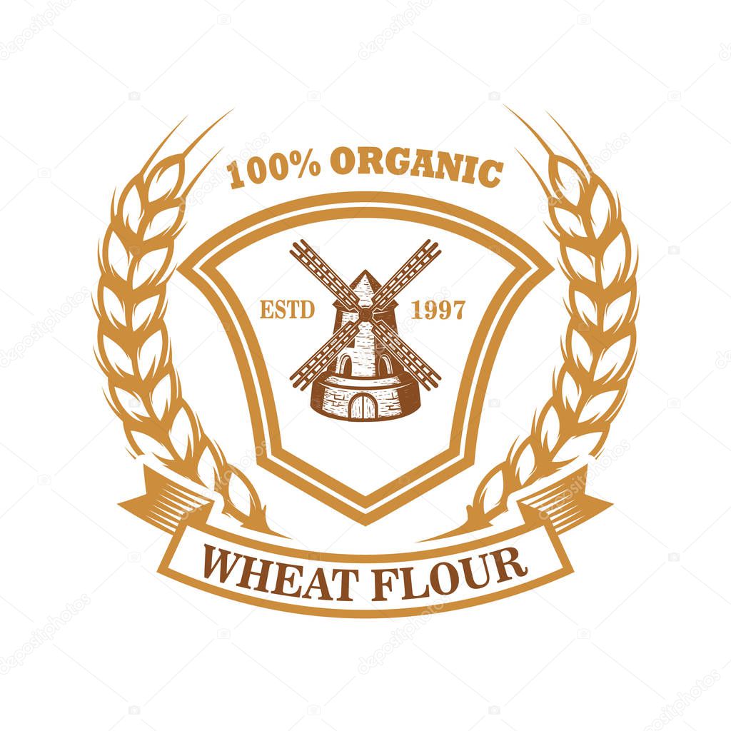 Wheat flour label template with wind mill. Design element for logo, emblem, sign, poster, t shirt. Vector illustration