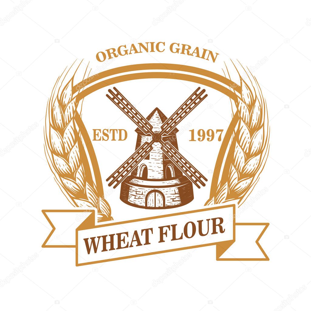 Wheat flour label template with wind mill. Design element for logo, emblem, sign, poster, t shirt. Vector illustration