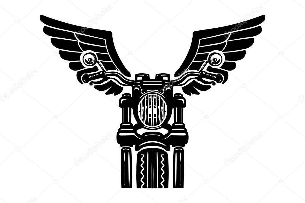 Hand drawn motorcycle illustration with wings. Design element for logo, label, emblem, sign, badge, poster, t shirt. Vector image
