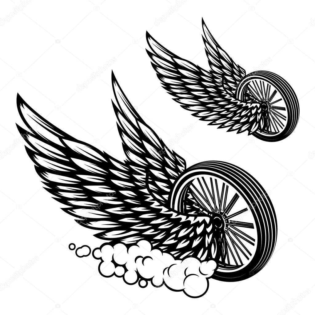 Wheel with wings illustration isolated on white background. Design element for poster, card, banner, sign, emblem, t shirt. Vector illustration