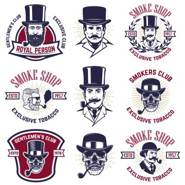 Sigara içenler club Amblemler kümesi. Vintage gentlemans portreleri ile lüle. Tasarım öğesi logosu, etiket, arma, işaret, poster, afiş için. Vektör çizim