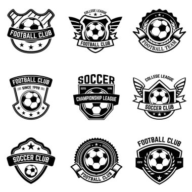 Futbol, futbol Amblemler kümesi. Logo, amblem, etiket işareti için öğe tasarlayın. Vektör çizim