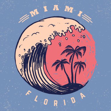 Miami. Yazı ve avuç içi ile poster şablonu. Vektör görüntü