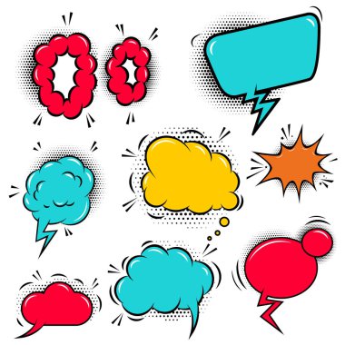 Boş çizgi roman tarzı konuşma balonları kümesi. Afiş, el ilanı, afiş tasarım öğesi. Vektör çizim