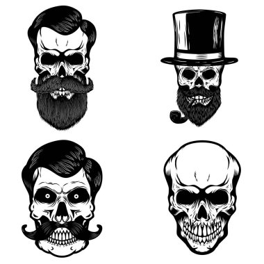 Beyaz arka plan üzerinde izole hipster kafatasları kümesi. Tasarım öğesi logosu, etiket, baskı, rozet, poster için. Vektör çizim