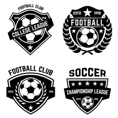 Futbol, futbol Amblemler kümesi. Logo, amblem, etiket işareti için öğe tasarlayın. Vektör çizim