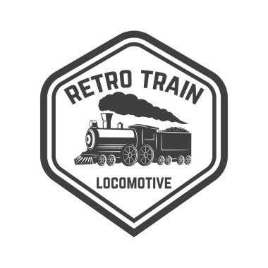 Retro tren amblemi şablonu. Tren yolu. Lokomotif. Logo, amblem, etiket işareti için öğe tasarlayın. Vektör çizim