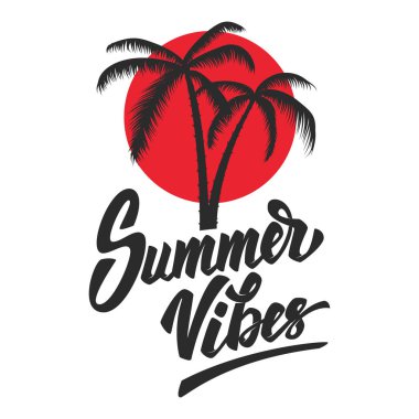 Yaz vibes. Palm simgesi olan harflerle ifade. Afiş, amblem, t gömlek tasarım öğesi. Vektör çizim