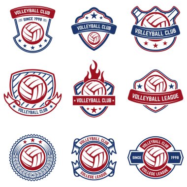 Beyaz arka plan üzerinde voleybol Amblemler. Tasarım öğesi için logo, etiket, arma, işaret, rozet. Vektör çizim