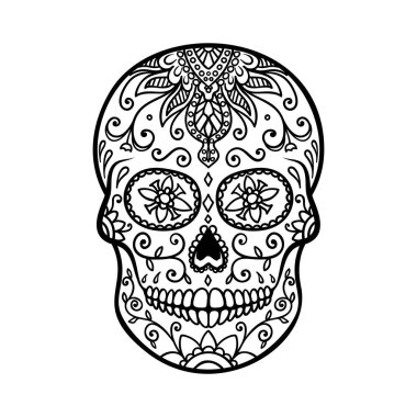 Beyaz arka plan üzerinde izole şeker kafatası. Ölülerin günü. Dia de los muertos. Tasarım öğesi kartý, poster, afiş, yazdırma için. Vektör çizim