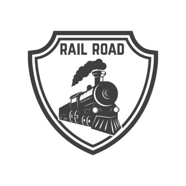 Retro tren amblemi şablonu. Tren yolu. Lokomotif. Logo, amblem, etiket işareti için öğe tasarlayın. Vektör çizim