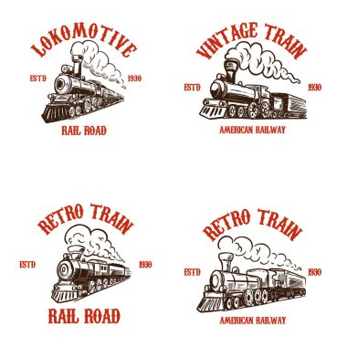 Elle çizilmiş retro trenler amblemi şablonları kümesi. Poster, kart, t gömlek, logo, etiket, rozet için tasarım öğeleri. Vektör çizim