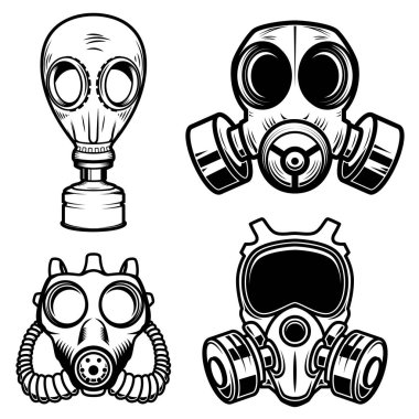 Gaz maskeleri beyaz arka plan üzerinde izole kümesi. Tasarım öğesi logosu, etiket, işaret, poster, menü için. Vektör çizim