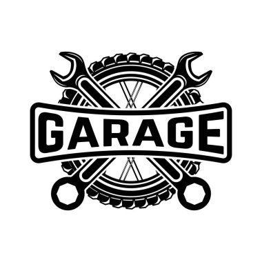 Garaj. Servis İstasyonu. Araba tamiri. Logo, amblem, etiket işareti için öğe tasarlayın. Vektör çizim