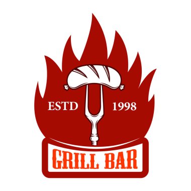 Izgara bar. Sosis ve yangın çatalla. Logo, amblem, etiket işareti için öğe tasarlayın. Vektör görüntü