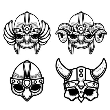 Beyaz arka plan üzerinde izole viking kask kümesi. Tasarım öğesi logosu, etiket, işaret için. Vektör görüntü