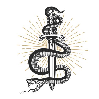 Dövme tarzı bıçak üzerinde yılan. Tasarım öğesi t gömlek, poster, kart, arma, işaret için. Vektör çizim