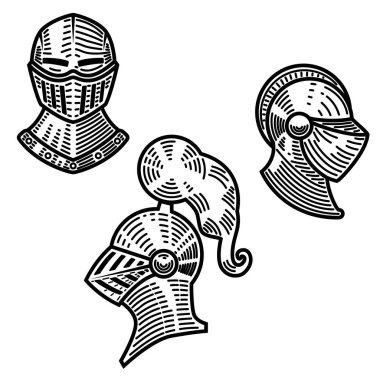Stil oyma içinde knight kask kümesi. Logo, amblem, etiket işareti için öğe tasarlayın. Vektör çizim