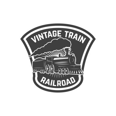 Retro tren amblemi şablonu. Tren yolu. Lokomotif. Logo, amblem, etiket işareti için öğe tasarlayın. Vektör çizim