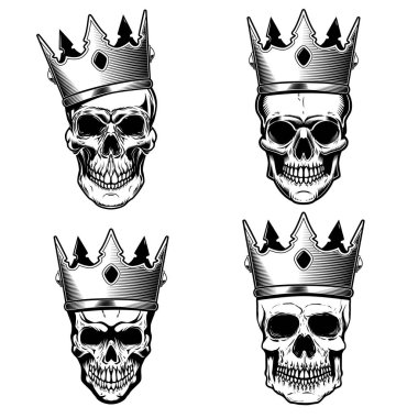 King ile insan kafatasları kümesi taç. Tasarım poster, yazdırma için öğe, amblem, işareti. Vektör çizim