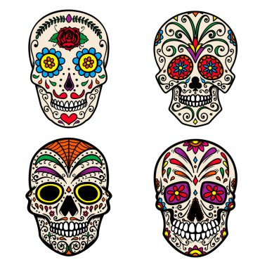 Beyaz arka plan üzerinde izole renkli şeker kafatası kümesi. Ölülerin günü. Dia de los muertos. Tasarım öğesi kartý, poster, afiş, yazdırma için. Vektör çizim