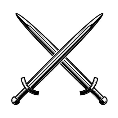 Beyaz arka plan üzerinde izole çapraz kılıç. Logo, amblem, etiket işareti için öğe tasarlayın. Vektör çizim
