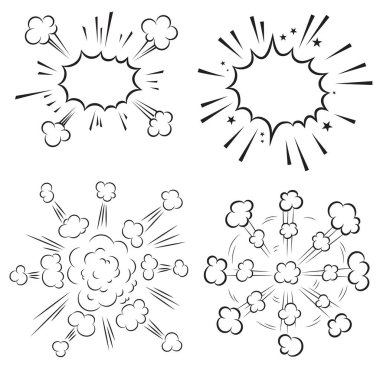 Beyaz arka plan üzerinde çizgi roman tarzı patlamalar kümesi. Tasarım öğesi için poster, kart, afiş, el ilanı. Vektör çizim