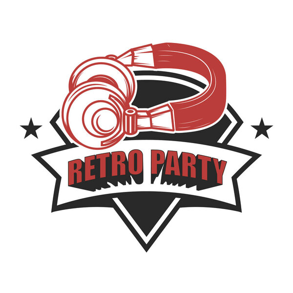 Retro party. Emblem with headphones. Design element for logo, label, sign. Vector image
