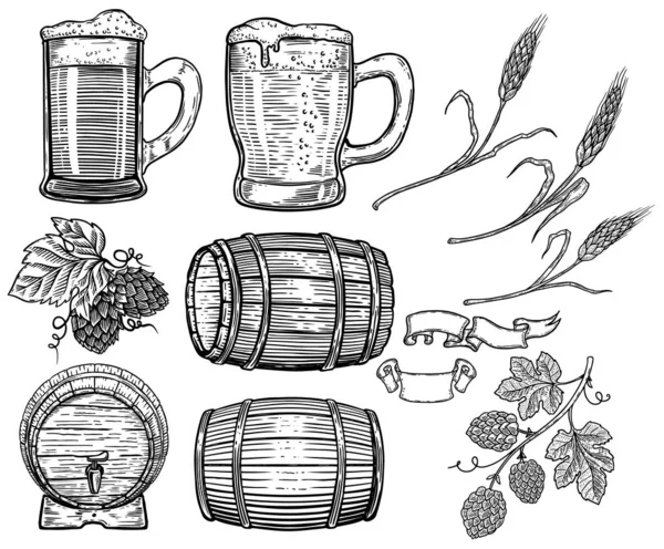 Sada Prvků Návrhu Piva Ručně Kreslené Hop Pšenice Dřevěné Sudy — Stockový vektor