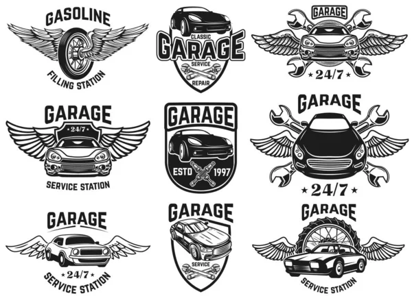 Σύνολο Των Εμβλήματα Για Επισκευή Αυτοκινήτων Γκαράζ Υπηρεσία Για Λογότυπο — Διανυσματικό Αρχείο