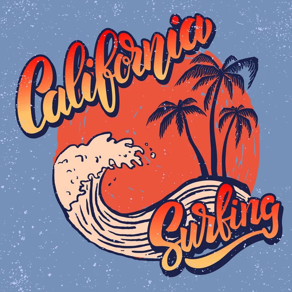 Surfeur Californien Modèle Affiche Avec Lettrage Paumes Image Vectorielle — Image vectorielle