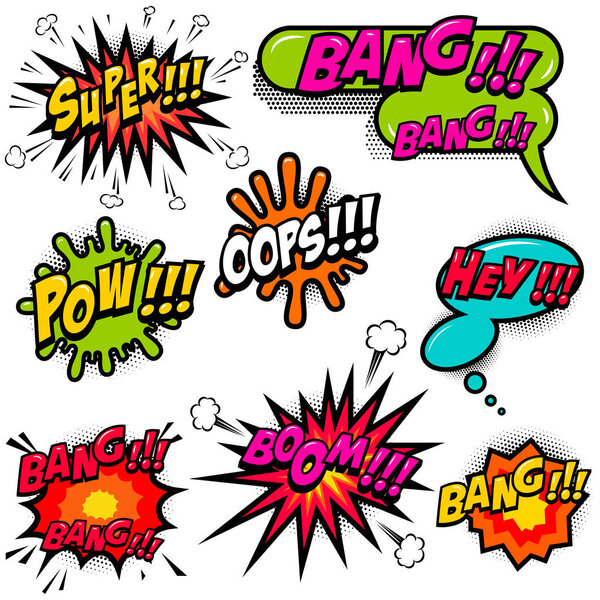 Comic speech bubbles burst the boom, wow, hey, ok, omg, crash. For poster, card, banner, flyer. Vector image