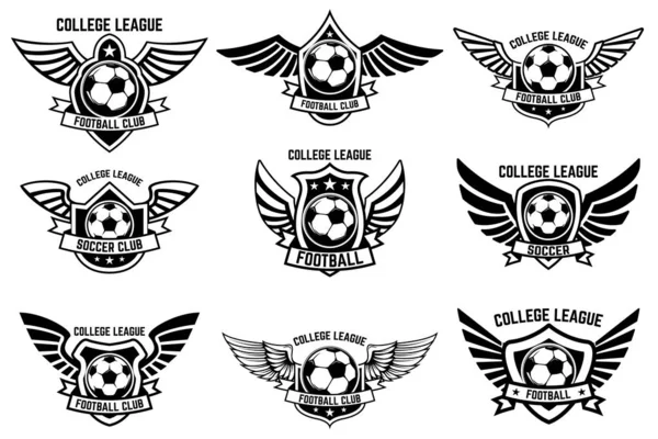 Conjunto Emblemas Alados Con Pelota Fútbol Elemento Diseño Para Logotipo — Vector de stock