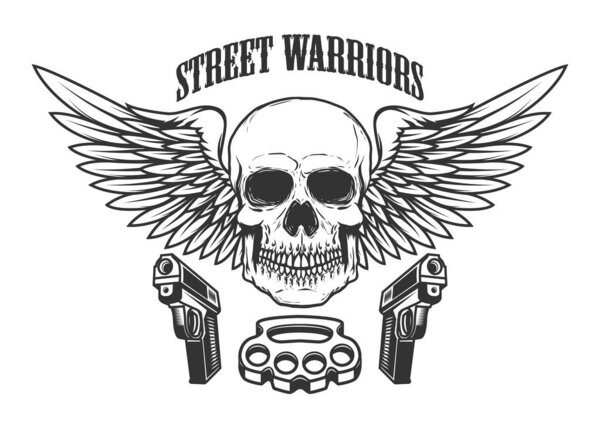 Winged skull with handguns. Design element for logo, label, emblem, sign, t shirt. Vector illustration