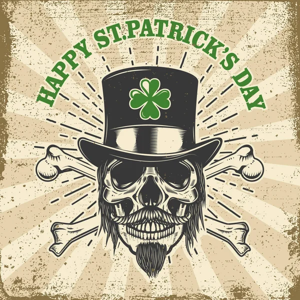 Happy Saint Patrick Day Irish Leprechaun Skull Clover Grunge Background — Stock Vector