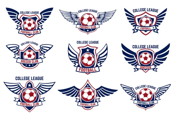 Futbol Topu Ile Kanatlı Amblemler Ayarlayın Logo Amblem Etiket Işareti — Stok Vektör