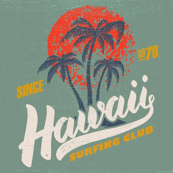 Hawaii Windsurfclub Poster Sjabloon Met Belettering Palmen Vector Afbeelding — Stockvector