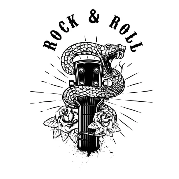 Rock Roll Kytarové Hlavy Hadem Růží Designový Prvek Pro Kartu — Stockový vektor