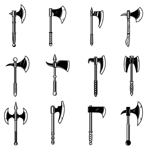 Set of medieval axes isolated on white background. Design element for logo, label, emblem, sign. Vector illustration
