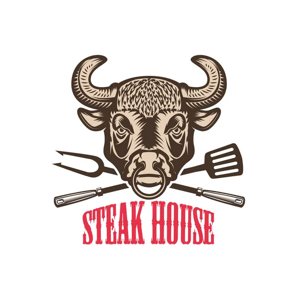 Steak House Tjurhuvud Med Köksredskap Design Element För Logotyp Etikett — Stock vektor