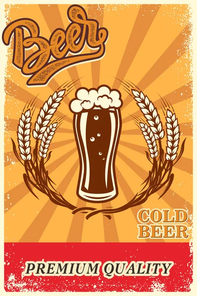 Beer poster in retro style. Beer objects on grunge background. Design element for card, flyer, banner, print, menu. Vector illustration