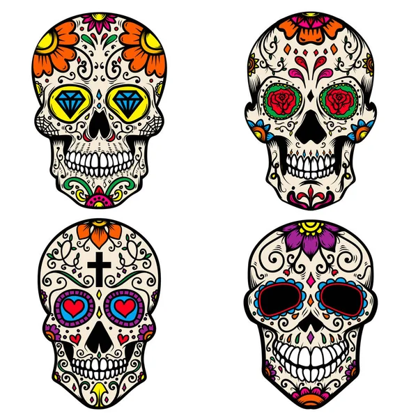 Set Colorful Sugar Skull Isolated White Background Day Dead Dia — Stock Vector