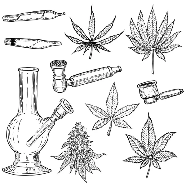 Conjunto Hojas Cannabis Extraídas Mano Pipa Pipas Humeantes Elemento Diseño — Vector de stock