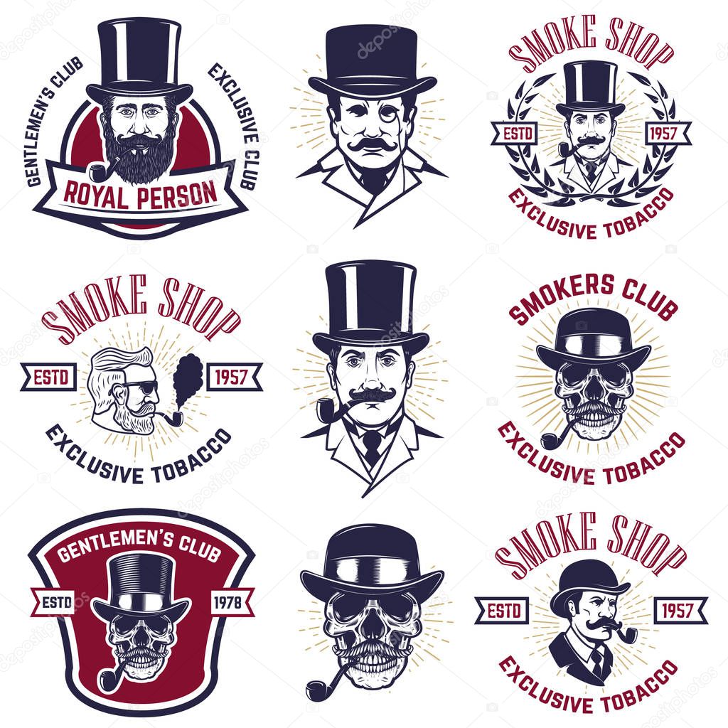 Set of smokers club emblems. Vintage gentlemans portraits with smoking pipes. Design element for logo, label, emblem, sign, poster, banner. Vector illustration