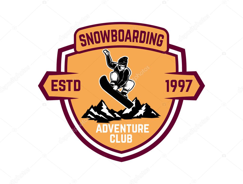 Snowboarding. Emblem with snowboarder. Design element for logo, label, emblem, sign. Vector illustration