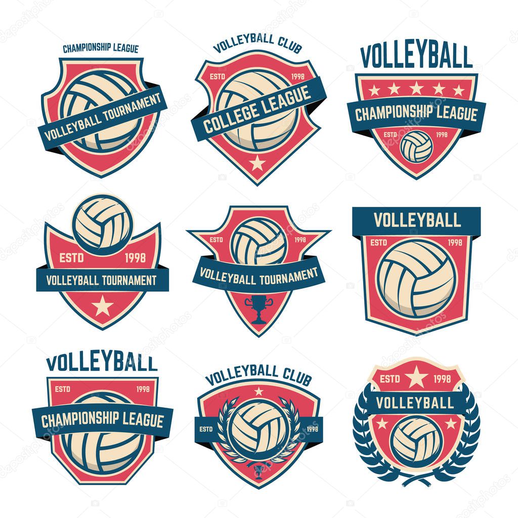 Set of volleyball club emblems. Volleyball tournament. Design element for logo, label, emblem, sign. Vector illustration