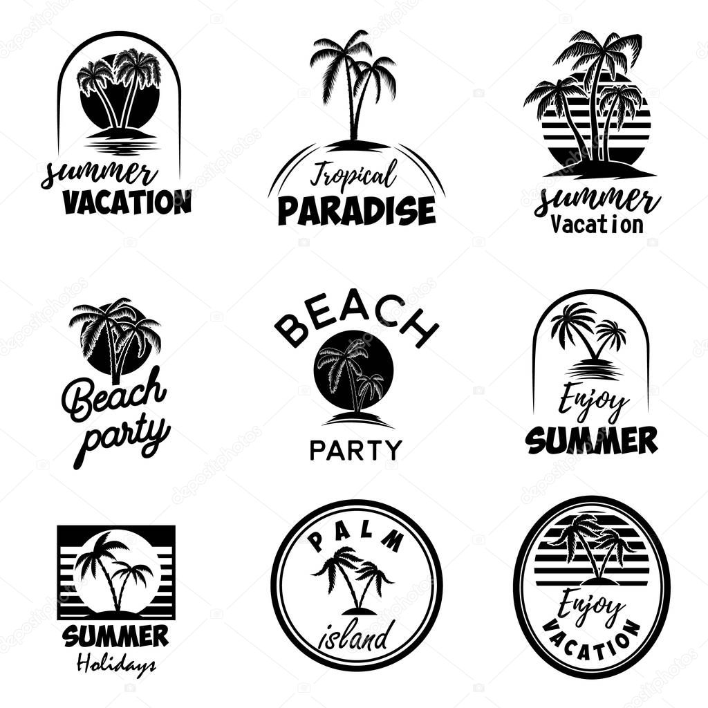 Set of summer emblems with palms. For emblem, sign, logo, label, badge. Vector image
