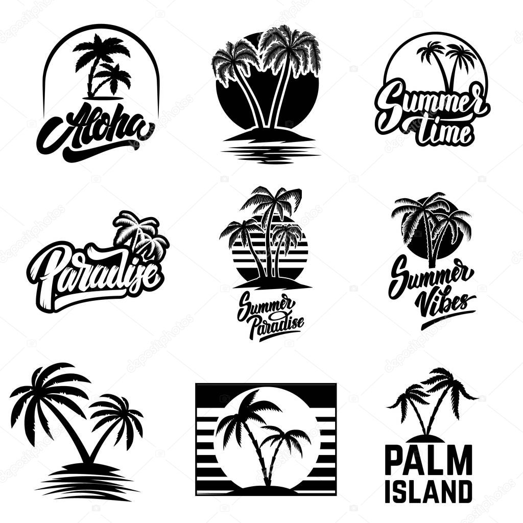 Set of summer emblems and design elements. Design element for logo, label, poster, print, card, banner, sign. Vector image