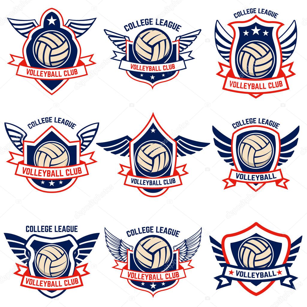 Volleyball emblems on white background. Design element for logo, label, emblem, sign, badge. Vector illustration